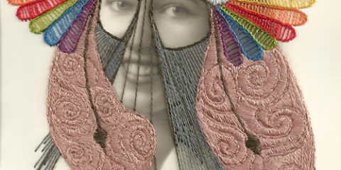 Intervención fotográfica con bordado de personajes bestiales por Stacey Page