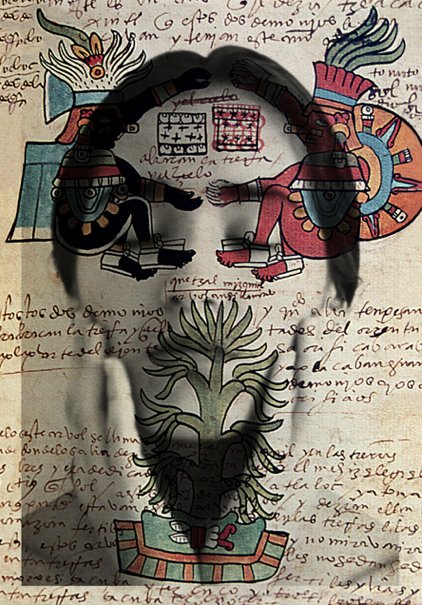 Fotografía de Tatiana Parcero fusionando cara y mapas antiguos